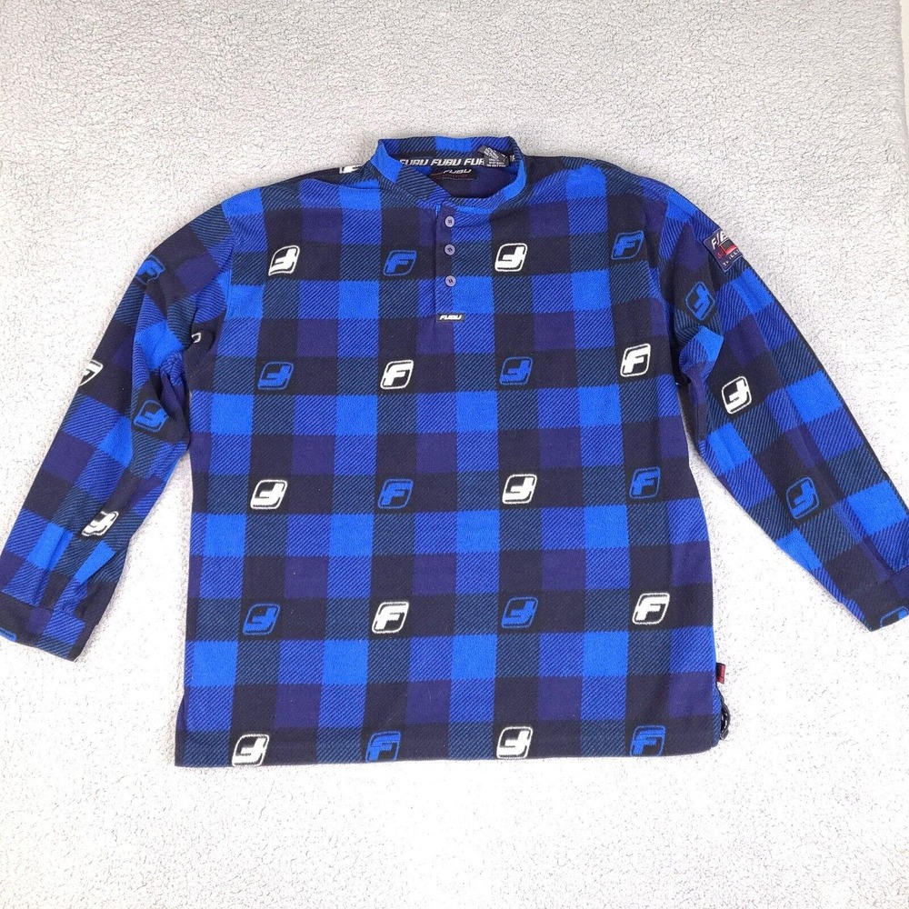 Fubu Sweater Fleece Mens XL Blue Plaid‎ 1/4 Button Long Sleeve The Collection
